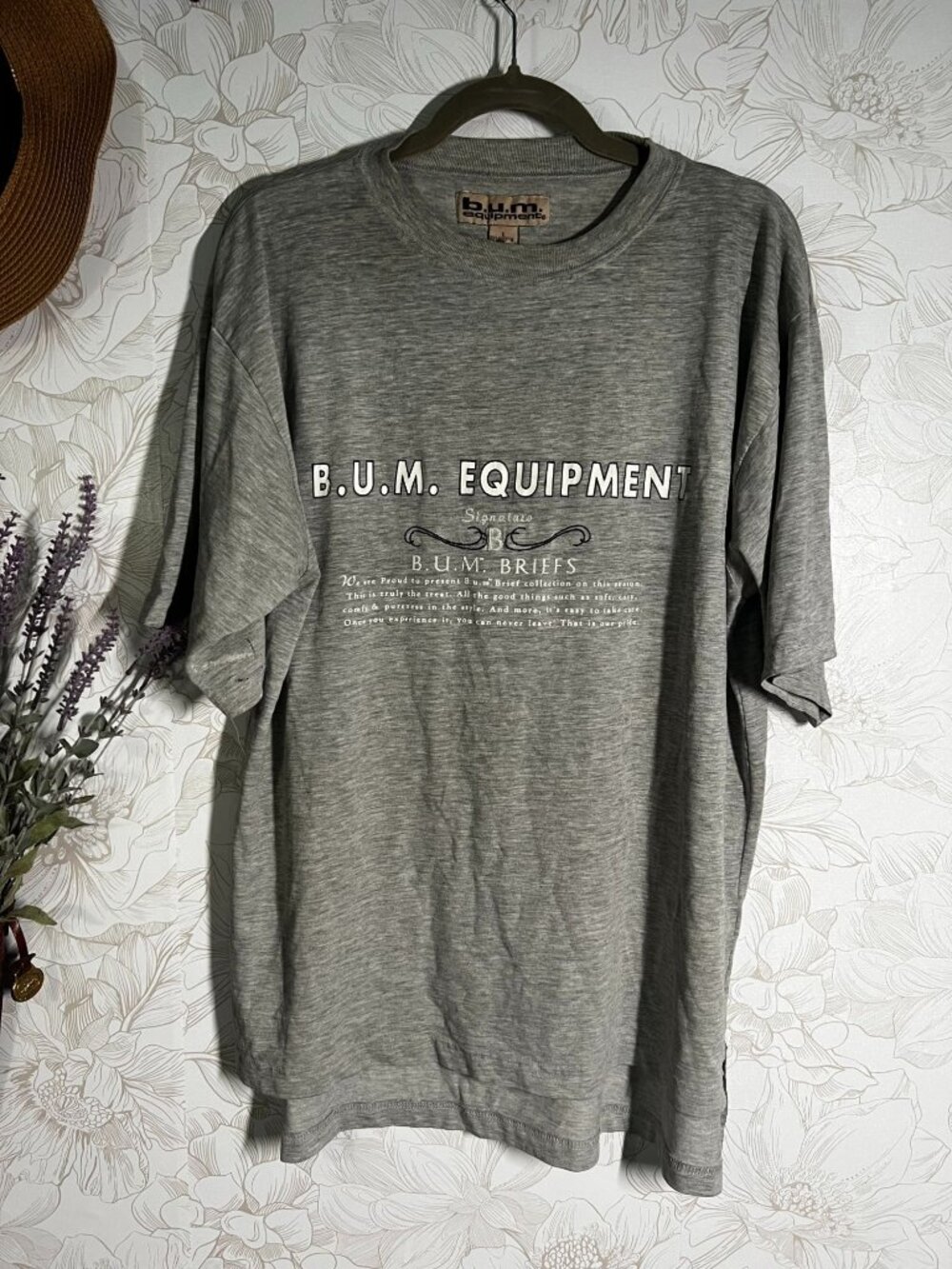 Vintage B.U.M. Equipment Gray Graphic T-Shirt Mens Size L Cotton Blend Made In T